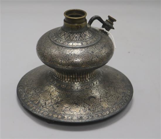 A similar 19th century Indian Bidri ware huqqa base height 16cm